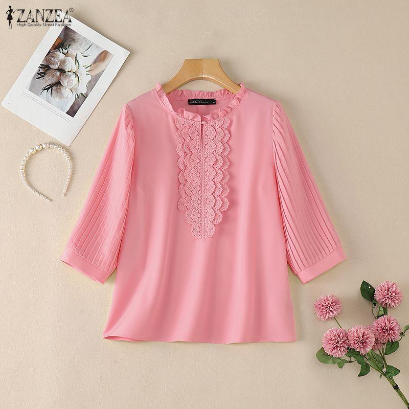 ZANZEA Women Casual Round Neck Lace Patchwork Loose 3/4 Sleeve Blouse