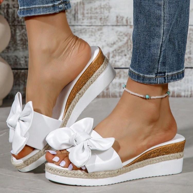 Fashion Slippers Women Slides Beach Wedges Mid Heels Butterfly knot Shoes Women Solid Leather Platform Summer Shoes Plus Size