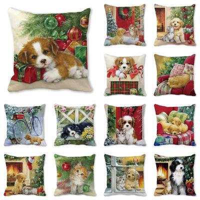 Housse de coussin imprimée chat et chien de Noël, cadeau de Noël, décoration de canapé de salon pour la maison, housse de coussin