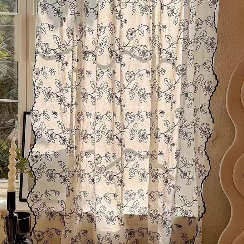 French Lace Embroidered Curtain Semi-Sheer Bedroom Living Room No Drill Installation Window Drapes