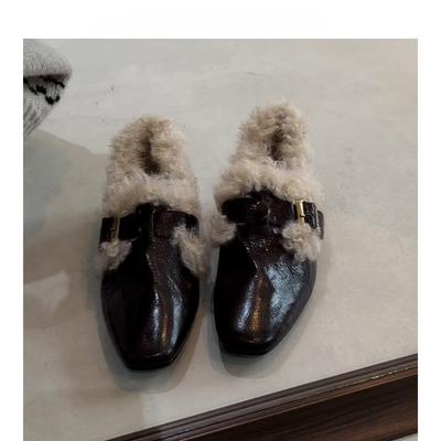 Retro Velvet Warm Belt Buckle Fluffy Shoes Winter Single Shoes Women's Thick Heel