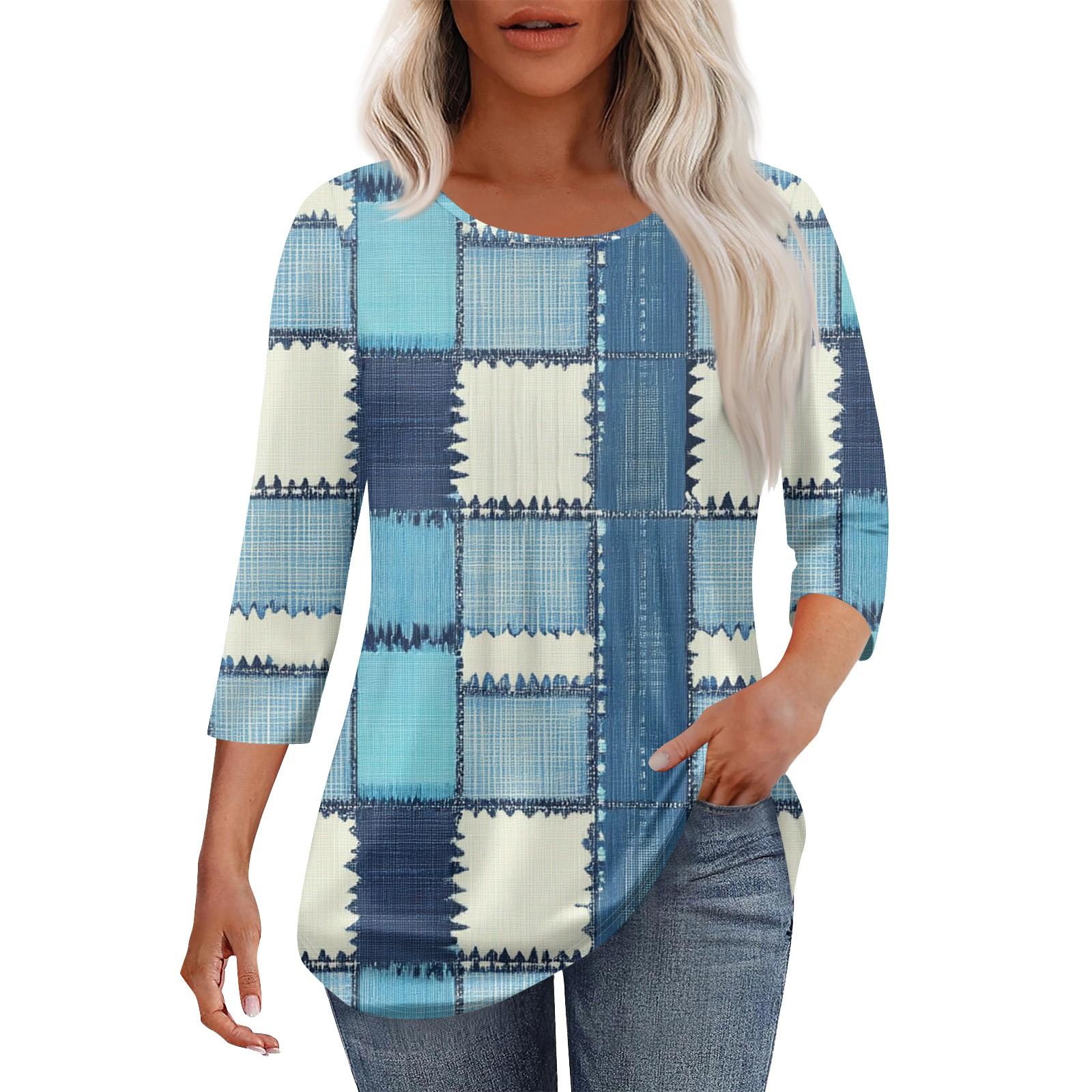 

Женская мода повседневная плиссированная футболка с круглым вырезом и принтом с рукавом три четверти S