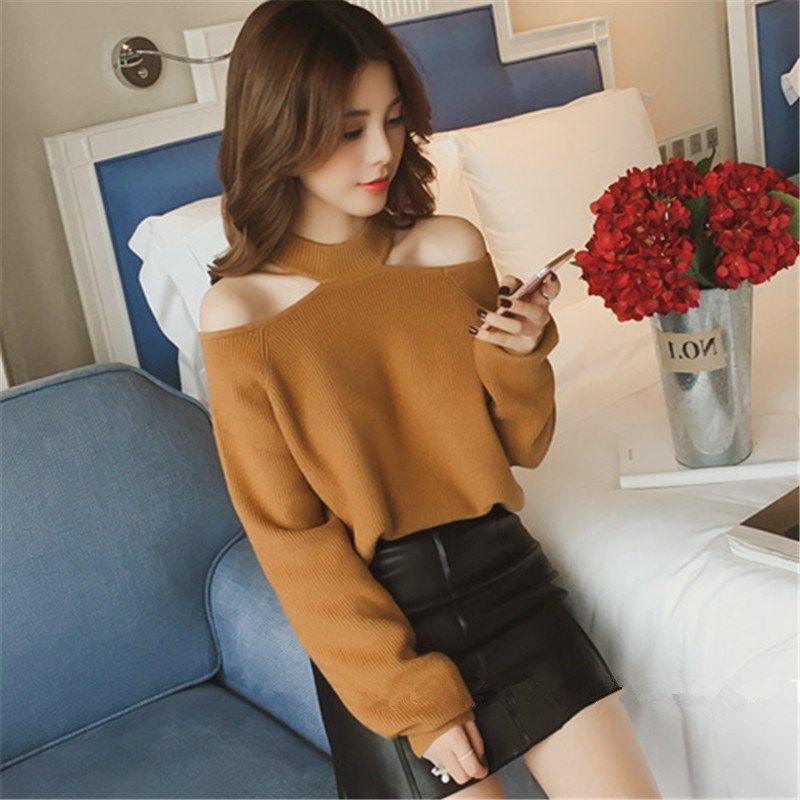 Sexy Hanging Neck Pullover Sweater Solid Color Casual Off shoulder Sweater Autumn Winter Korean Knitwear Long-sleeve Knitted Sweater Jacket Outer Wear