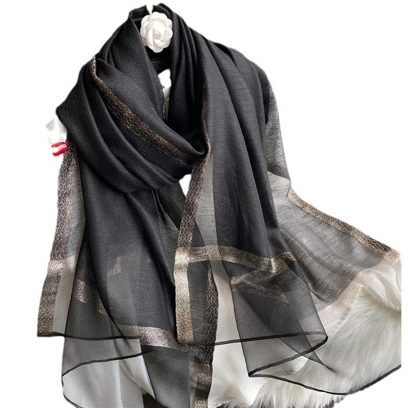 Classic silk wool solid color gold edge scarf, spring and autumn sun-proof and warm silk scarf, fashionable and versatile women's bright silk shawl