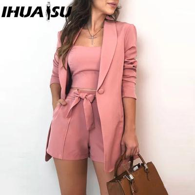 Frühling Sommer Einfarbiges Westen-Sakko, Elegante High-Waist-Shorts Dreiteilige Damenbekleidung