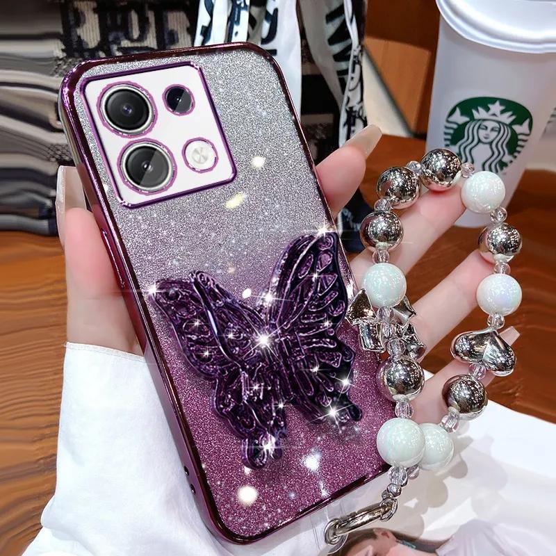 3D Butterfly Phone Holder Bead bracelet Glitter Plating Case for Xiaomi Redmi Note 13 Pro Plus 4G 5G Back Cover