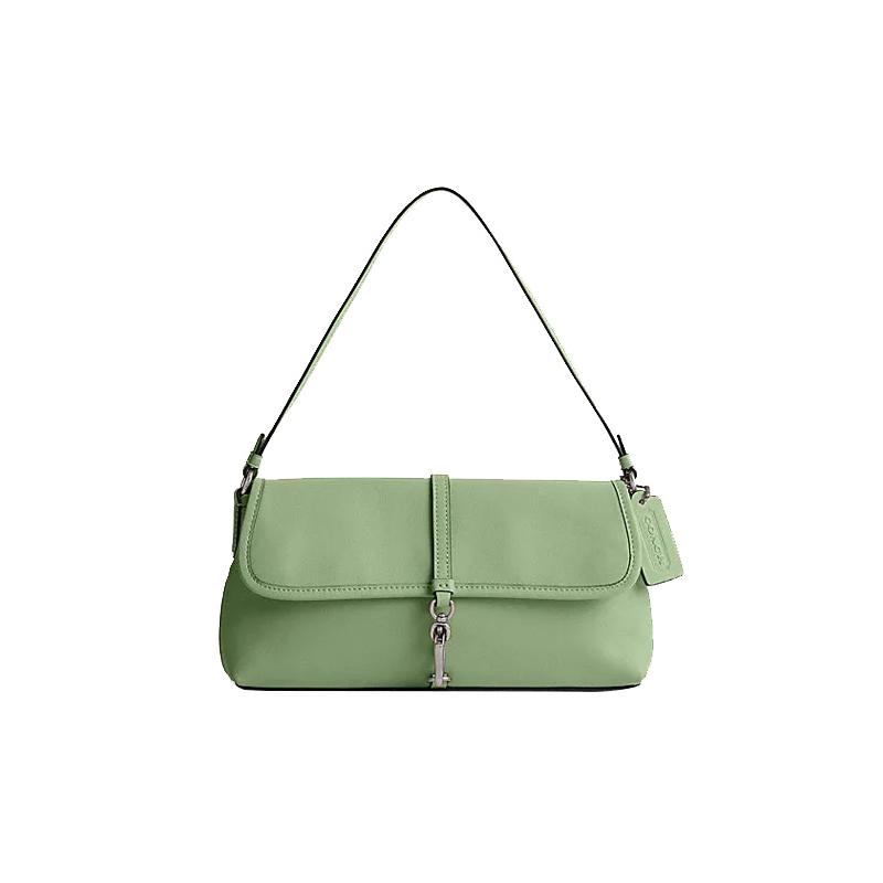 COACH Hamptons 26 solid color clip closure quilted striped flap cow leather handbag medium women s light pistachio коричневый