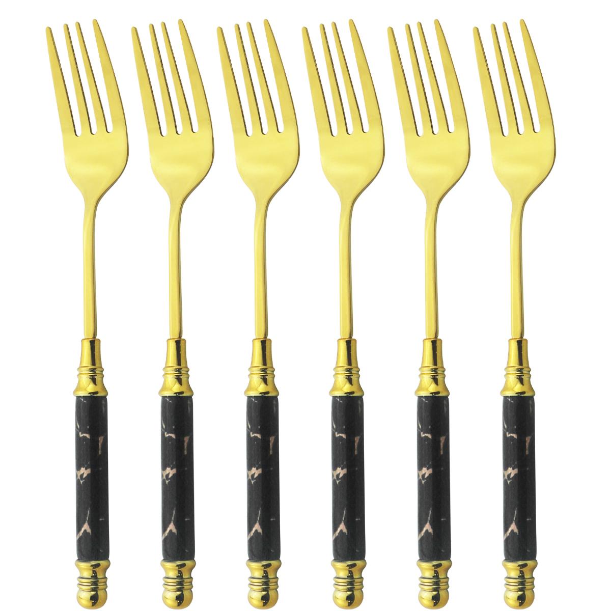 

6 шт. цветной набор столовых приборов, креативный набор вилок с имитацией мрамора, обеденная вилка, посуда из нержавеющей стали, кухонная керамическая ручка, столовое серебро чёрный/золотой
