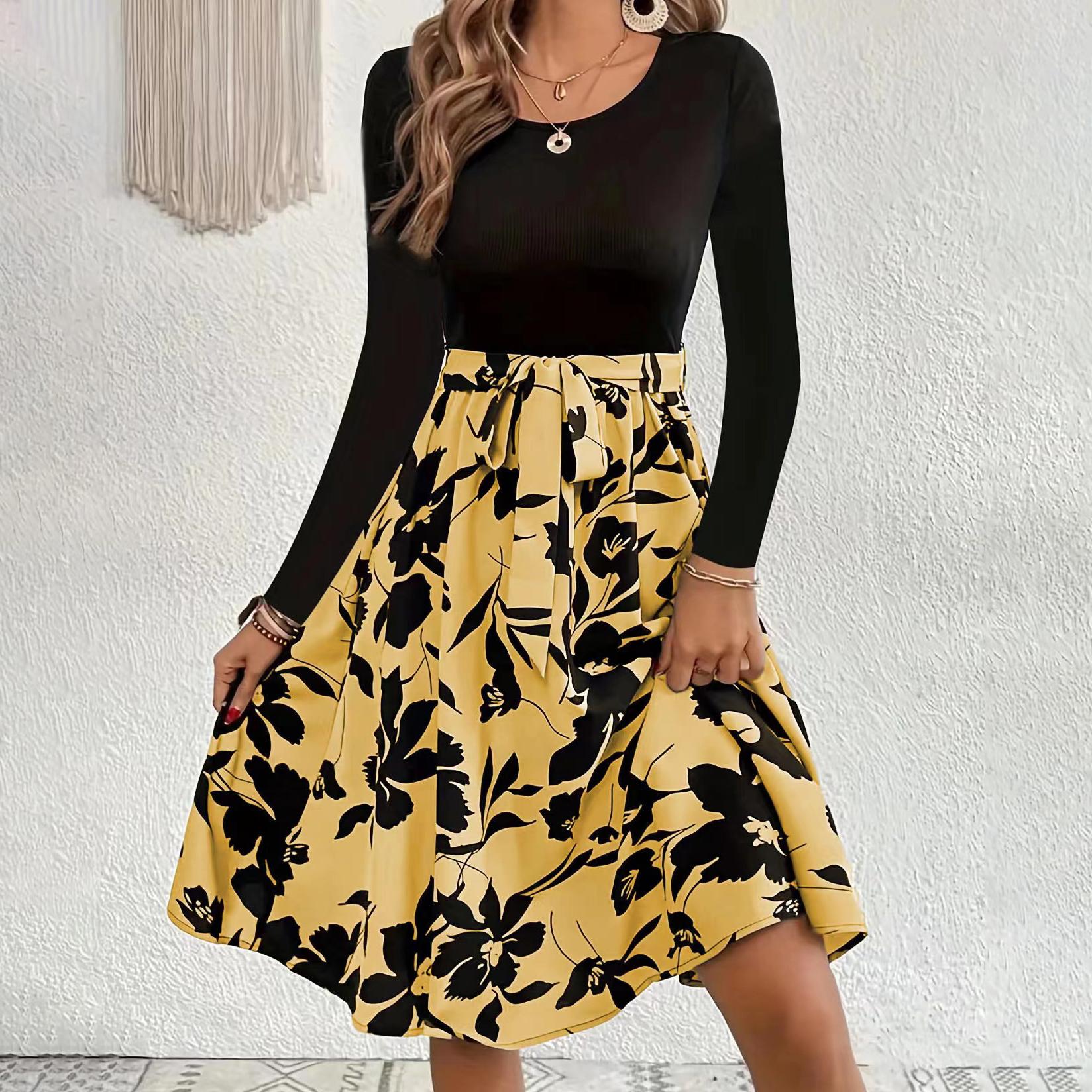 

Женское платье длиной до колена с длинными рукавами, круглым вырезом, винтажным цветочным узором и шнуровкой XXL жёлтый