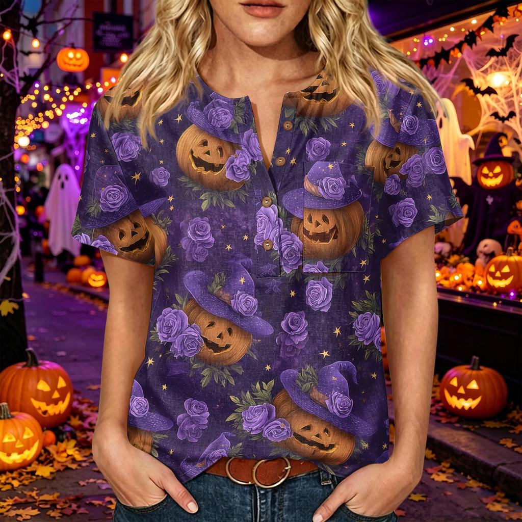 Women's Casual Halloween Print V Neck Short Sleeve Buttoned Three Quarter Sleeve T Shirt Top Lightweight Comfortable Fabric
