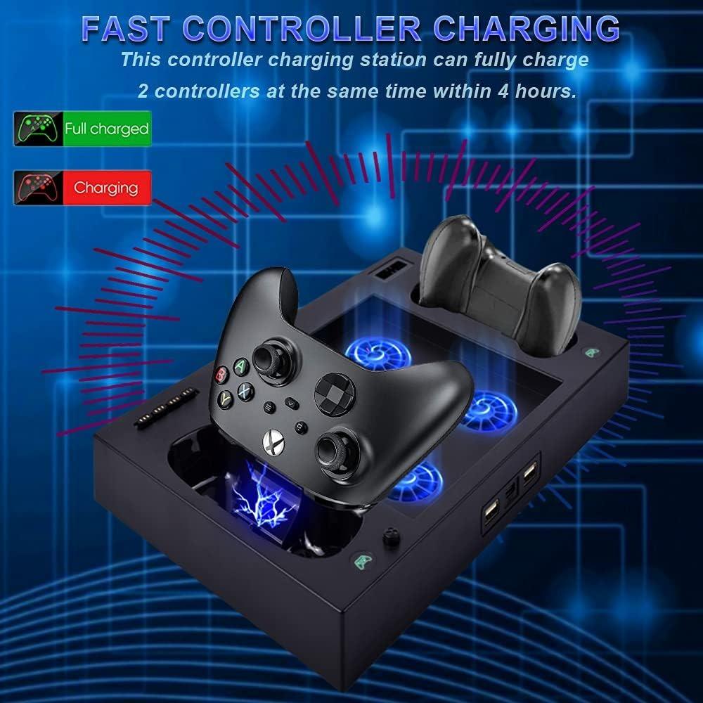 Suporte para Xbox Series X com ventoinha, estação de carregamento para dois controles com 4 ventoinhas de resfriamento, 1 suporte para fone de ouvido, pacote com 2 baterias recarregáveis de 1400 mAh