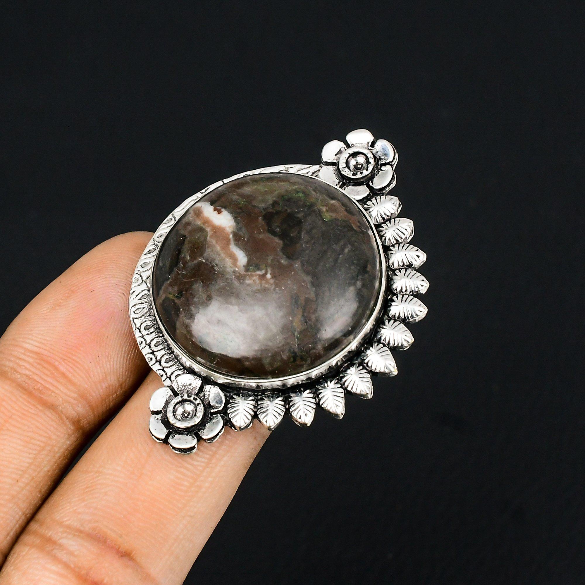 Natural Gabbro Jasper Gemstone 925 Silver Promise Flower Ring Size 7.5 For Girls 7.5