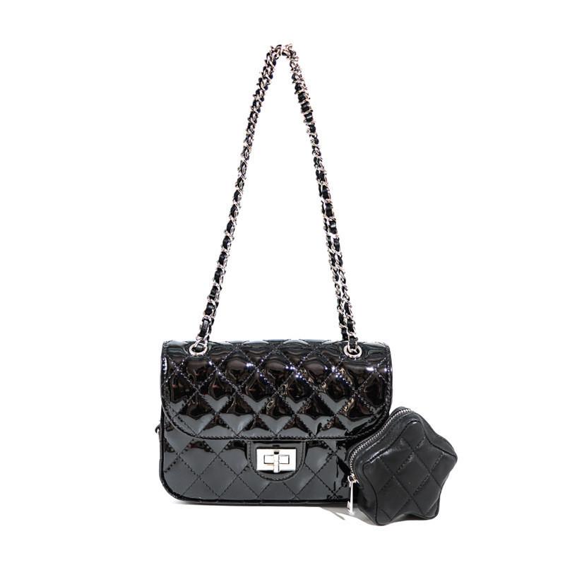 IELGY Women's Patent Leather Square Bag, Versatile Tofu Bag, High-end Silver Diamond Shoulder Chain Bag.