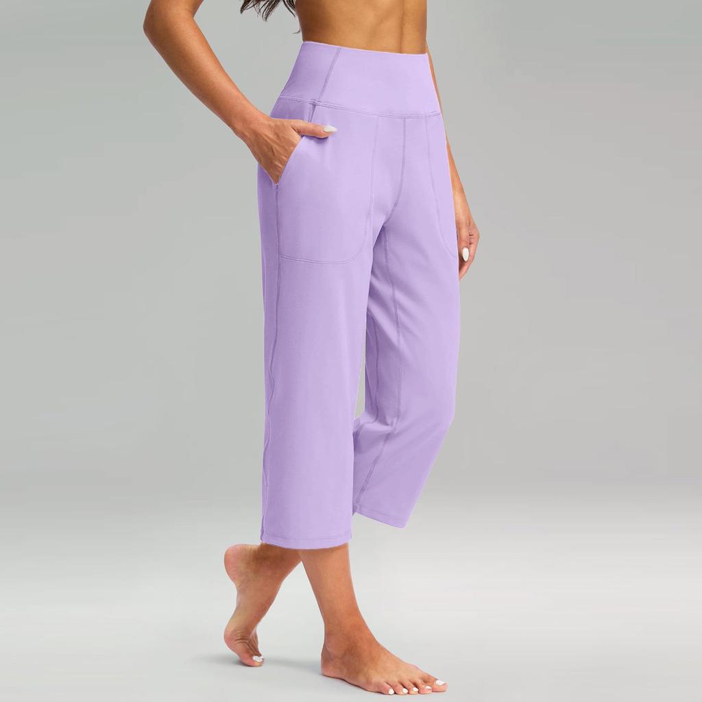 Women  Elastic High Waist 3/4 Pant Casual Active  Fit Wide Capris Leg Pants Trousers With Pockets