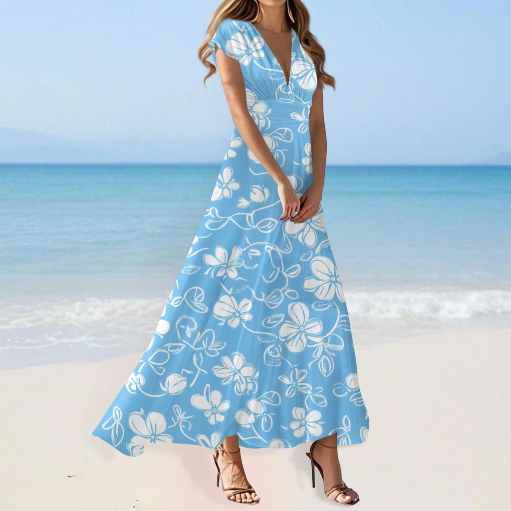 Boho Dress For Women Casual Loose Fit Summer Sundress Floral Print Dress With Pocket