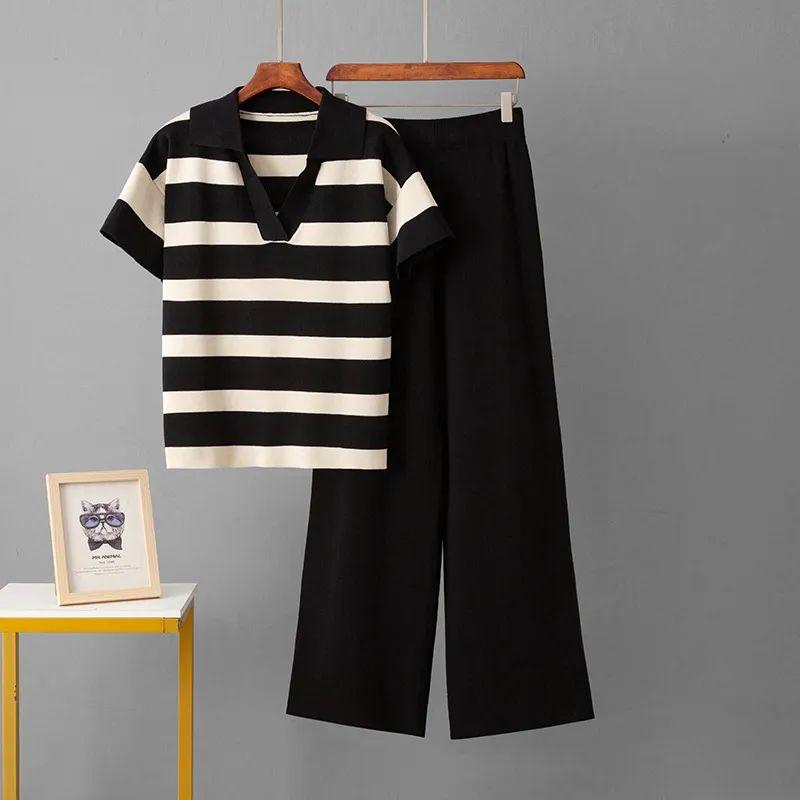 Cross-Border Foreign Trade Summer Fashion Set V-neck Short Sleeve Striped Knitted Top Fashion Slim Fit Wide Leg Pants Two-piece Set