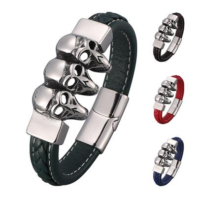 Fashion Charm Skull Stainless Steel Leather Braided Men Bracelet Jewelry Skull Punk Bangles Accessories