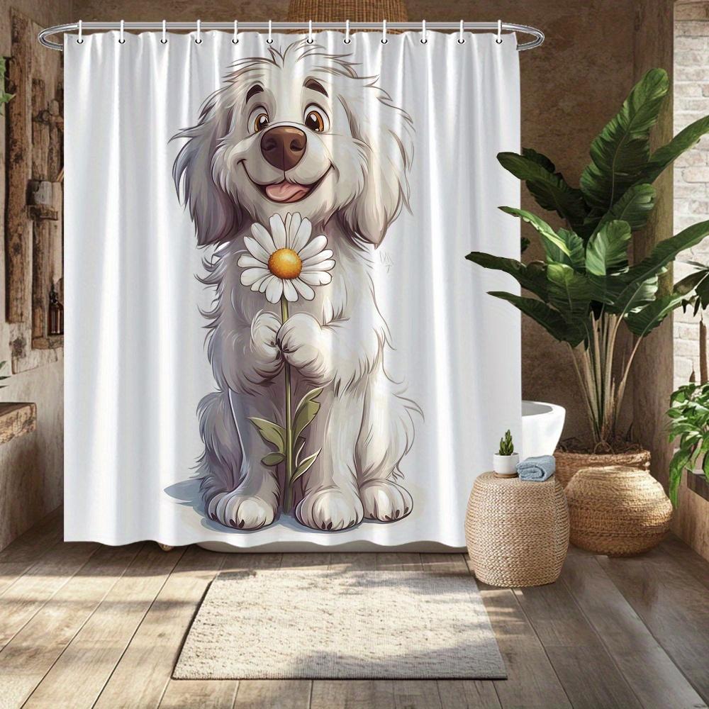 Fluffy Dog Daisy Curtain, Cartoon Style, White Dog & Yellow Daisy, Plain White Background, Fade-Resistant