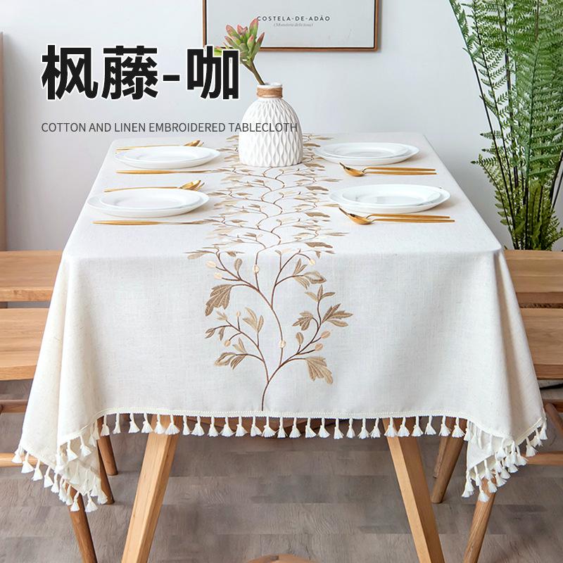 Cotton Linen Table Cloth Heavy Duty Embroidery Tablecloths Farmhouse Tablecloth Soft and Wrinkle Free Table Cover with Tassels