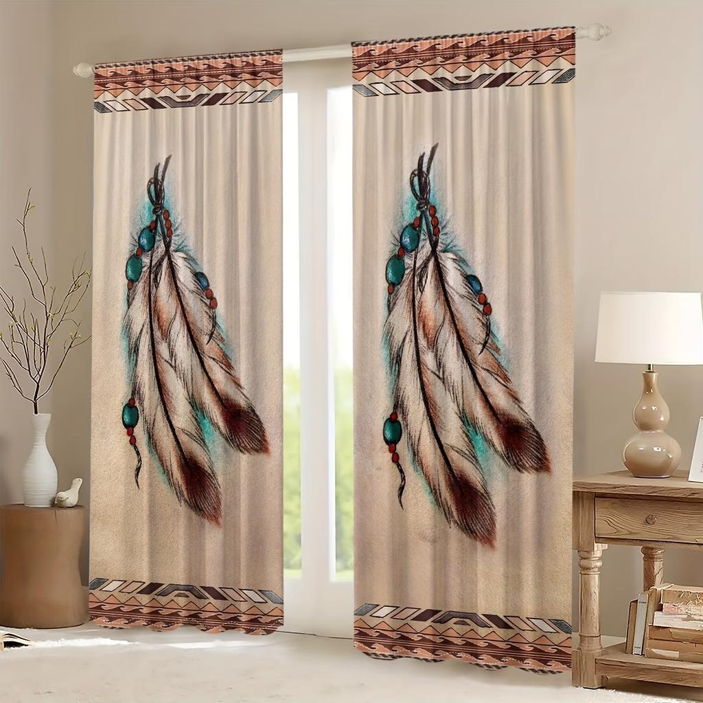2PC Native American Feather Curtains - Tribal Geometric Border Print Window Drapes for Bedroom Living Room Decor
