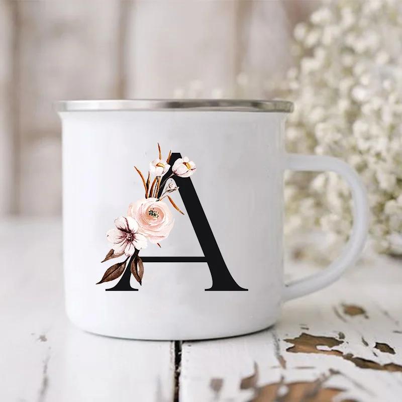 Initial Letter Print Mugs Enamel Creative Coffee Cups Drinks Wine Juice Milk Cup Vintage Home Office Handle Drinkware Best Gifts