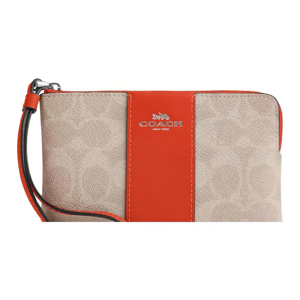 Coach Signature Canvas Zip Wristlet with Orange Stripe & Wrist Strap for Daily Use