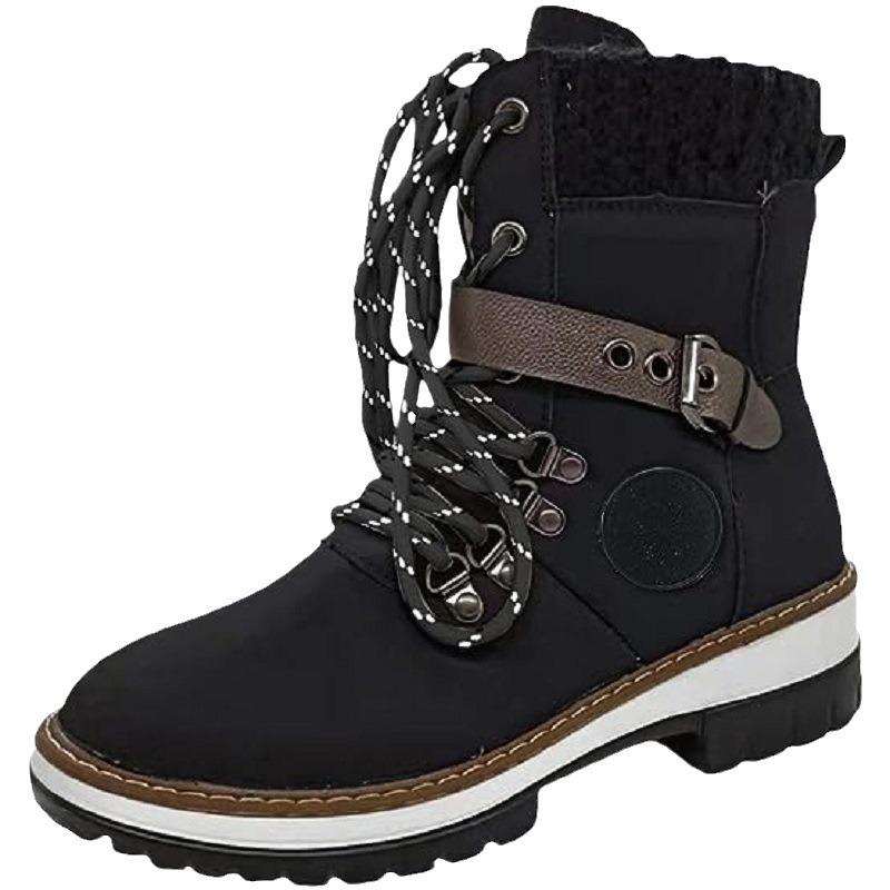 Autumn and winter large size women's high-top long tube belt buckle wool mouth lace-up Martin boots boots