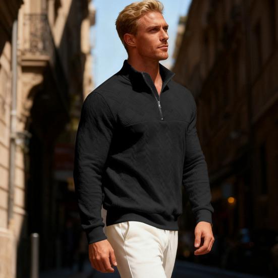 Men Sweatshirt Stand Collar Zipper Half Placket Long Sleeve Pullover Tops Solid Color Jacquard Design Sport Tops Streetwear