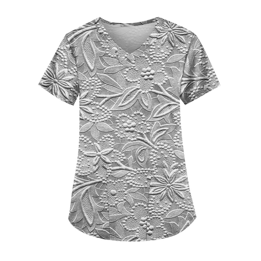 Plus Size Printed Scrub Working Uniform Tops For Women's V-Neck Short Sleeve Fun T-Shirts Workwear Tee With Pockets