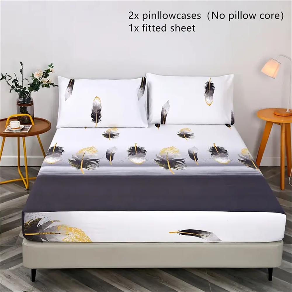 Feather Print Microfiber Bed Sheet Set with Pillowcases - Breathable All-Season Sanded Fabric, Machine Washable Bed Sheet