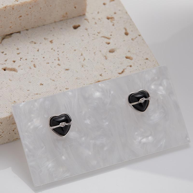 Original Design S925 Sterling Silver Inlaid With Natural Black Agate Heart-Shaped Love Special-Shaped Ring For Women'S Niche Light Luxury Index Finger