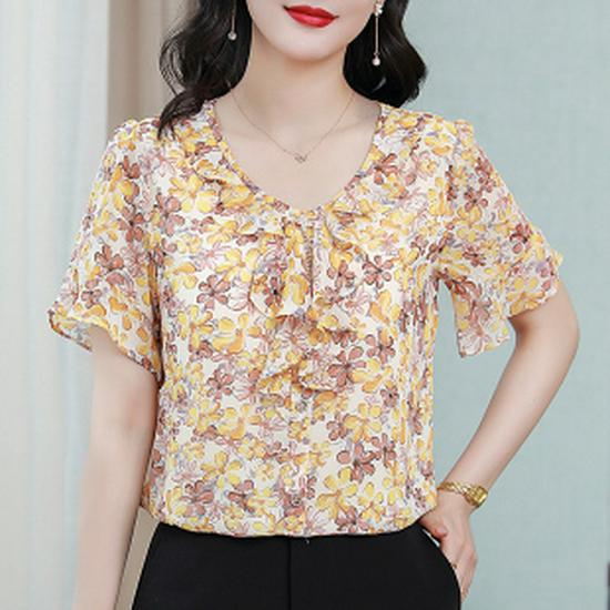 2021 Floral Chiffon Short-Sleeve Top: Slimming, Age-Reducing Style for Women
