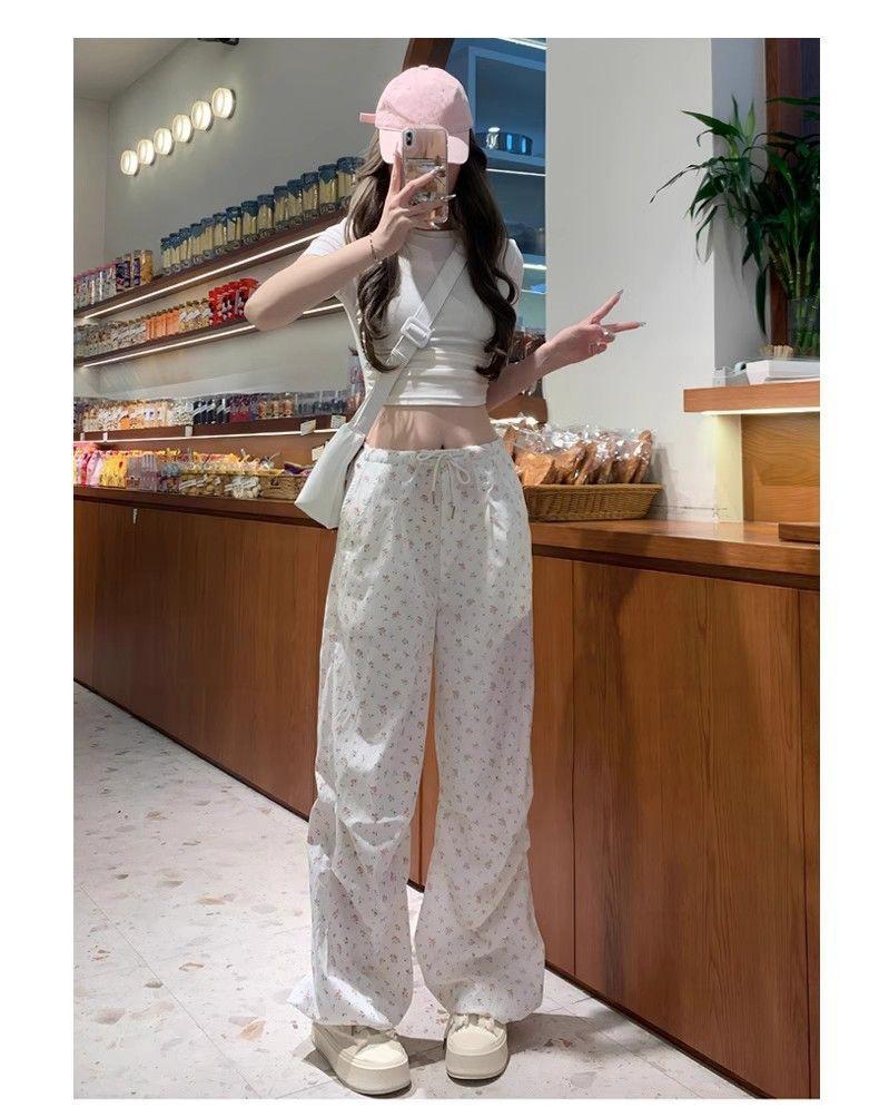 

Женские брюки карго широкие из ледяного шелка с цветочным принтом на весну/лето 2025: Свободный Ретро Спортивный Стиль S (for up to 90 jin) белый