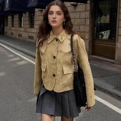 Damski zamszowy płaszcz trencz - Europejska i amerykańska moda w jednolitym kolorze na wiosnę i jesień