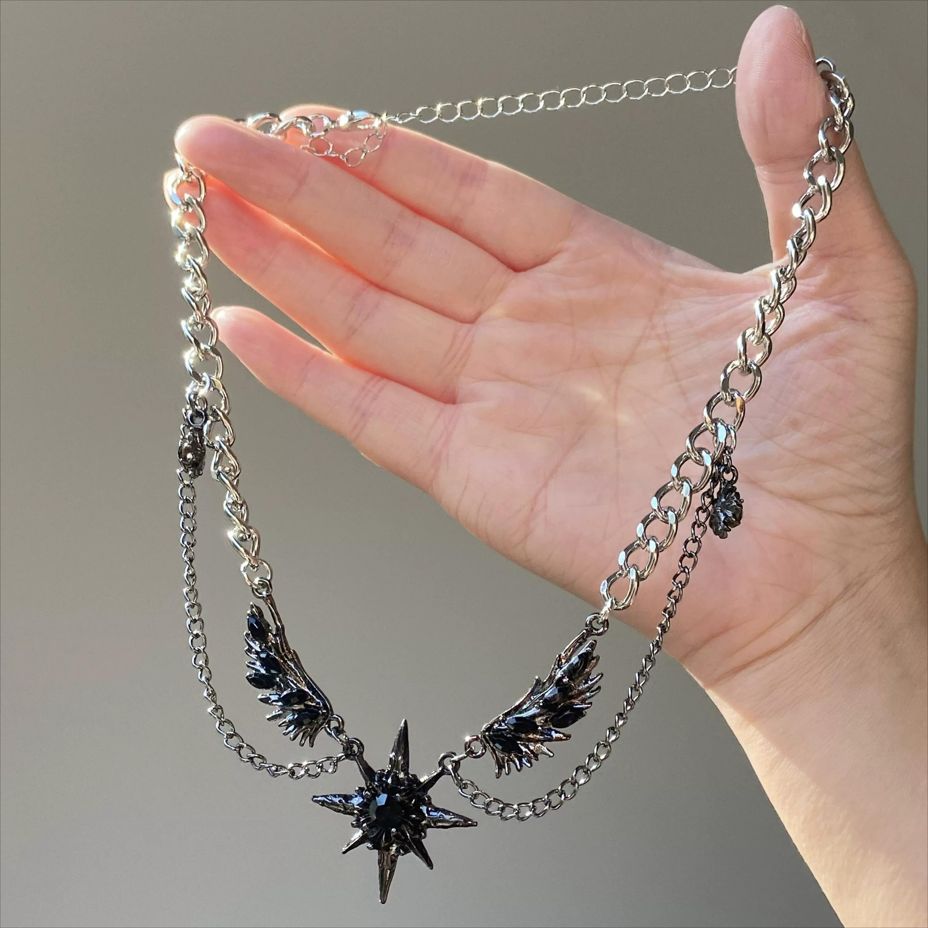 Punk Y2K Star Wings Stacked Necklace Chain Collar Dark Winged Angel Pendant Layered Chain Choker Black Wing Necklaces Jewelry чёрный