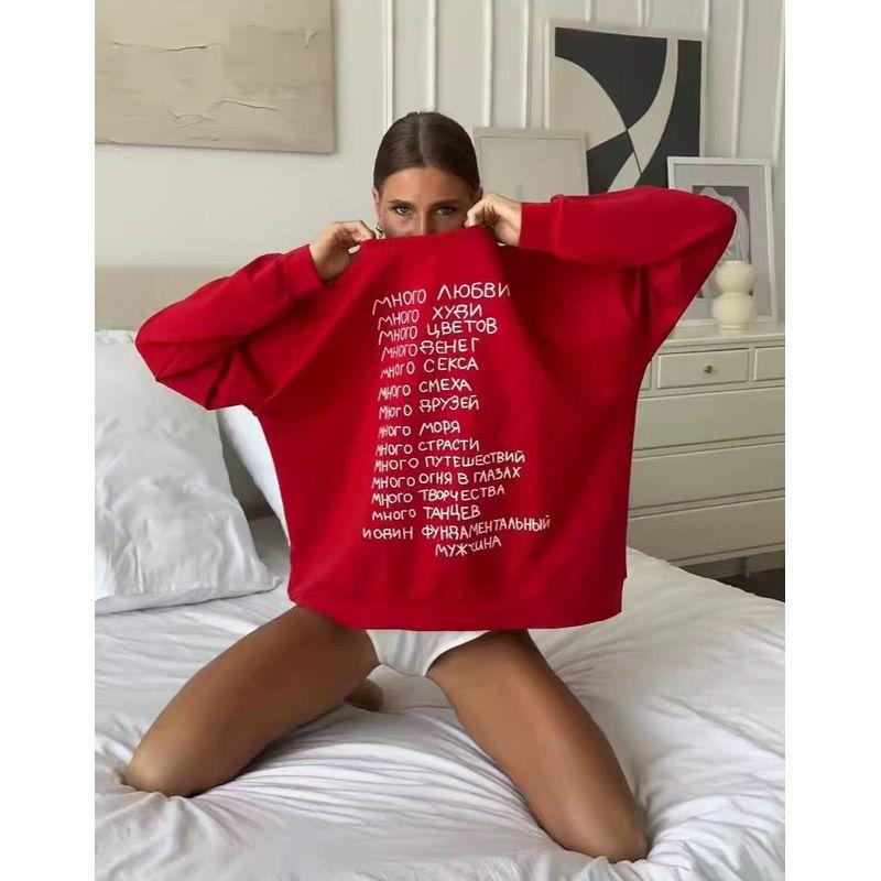 

Fashion Fashion Retro Alphabet Printed All-Matching Loose round Neck Sweatshirt Loop Letter Printed Top Red (thin) thin 3XL