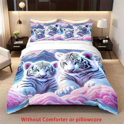 2/3Pcs Modern 3D Tiger Animal Print Duvet Cover Set (1 Duvet Cover + 1/2 Pillowcase, Without Core), Cute Tiger Cub Print