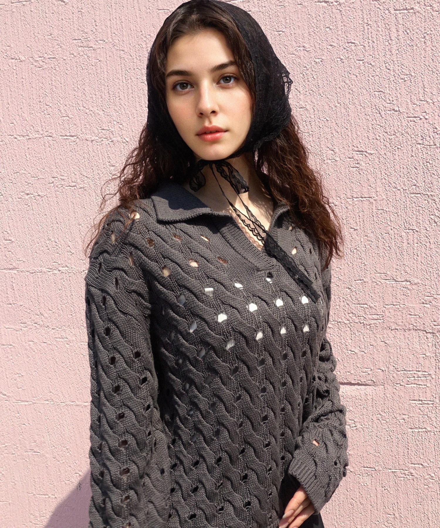 Pmu Amour Oversized Crochet Collar Knit - Deep Grey Deep Gray/Free