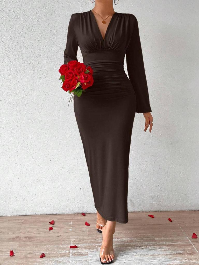 V-Neck High-Waist Slimming Long-Sleeve Evening Dress for Women