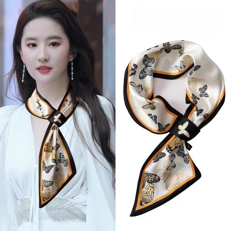Printed spring new ear silk scarf Korean version double-sided small ear scarf interspersed with streamer women's versatile neck protector