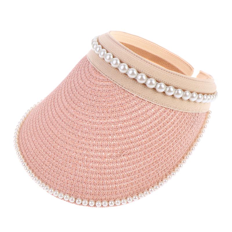 Imitation Pearl Empty Top Straw Hats For Women Casual Summer Beach Visor Caps Foldable Wide Large Brim Sun Uv Protection Caps