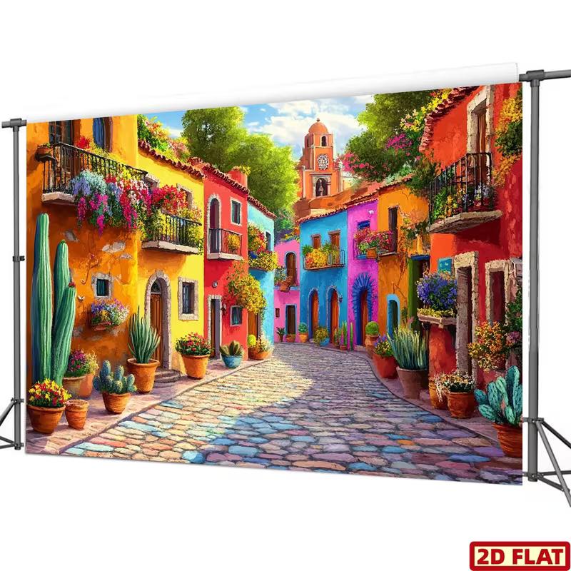 Colorful Mexican Village Tapestry, Bright Street with Cacti & Flowers Background Cloth, Home Decor