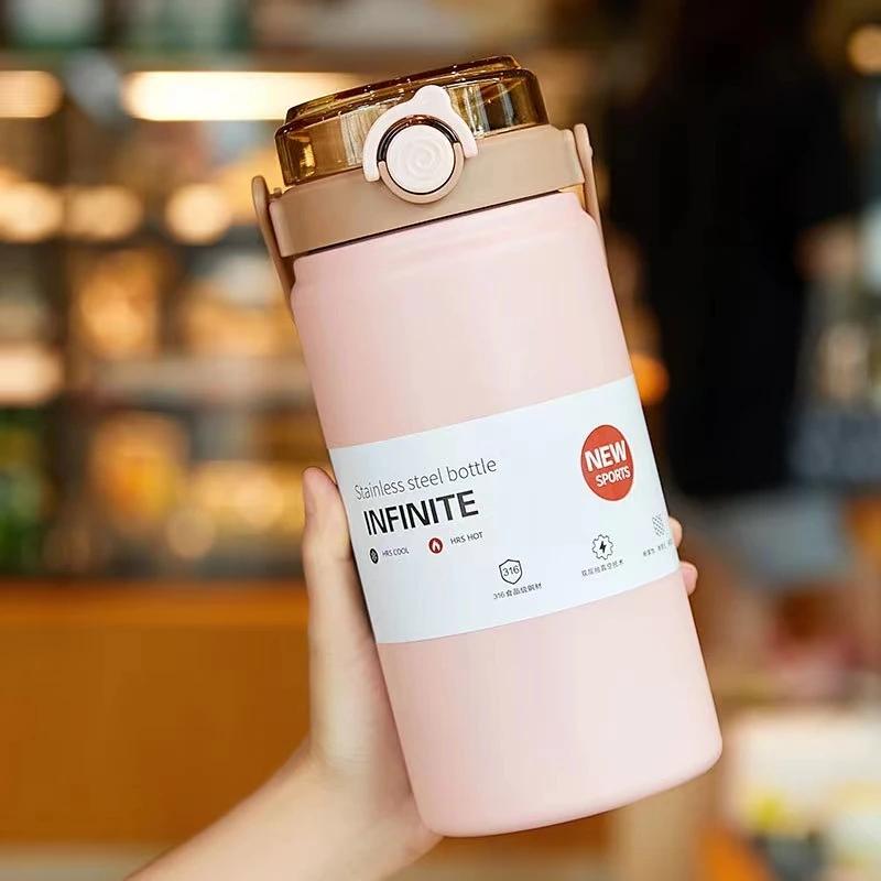 Large Capacity 316 Stainless Steel Cold Insulation Cup, Cute Beautiful, Dual Drink Straw, Portable Handle Pot, Male and Female