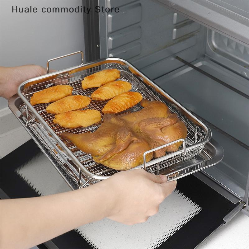 Baking Tray Oil Frying Baking Pan Stainless Steel Non-stick Chips Basket Baking Dish Grill Mesh Square Frying Colander