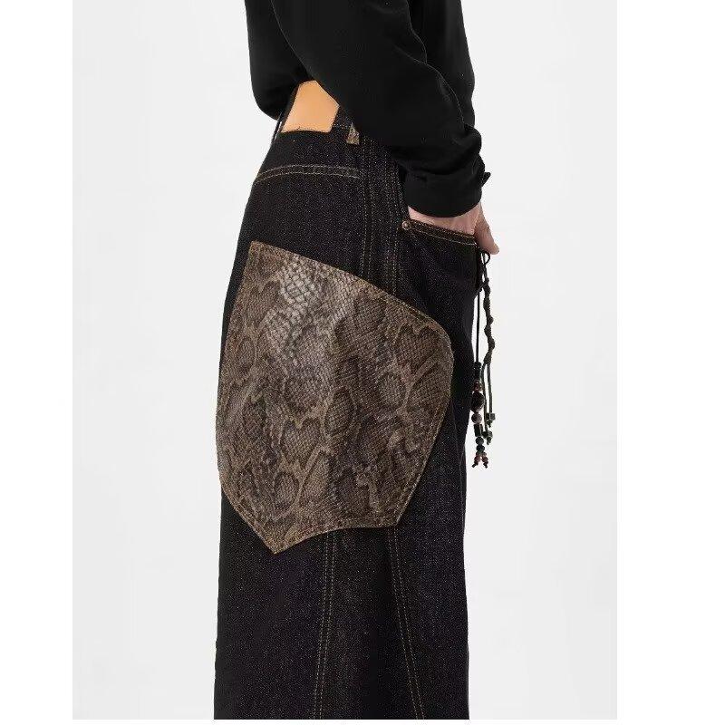 Versatile literary trend fashion lazy simple new popular snake pattern scimitar jeans Harajuku ins