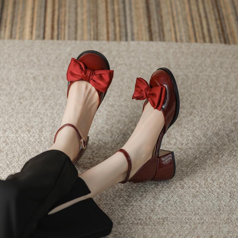 Mary Jane anklet buckle with hollow single shoes women's bow round head thick heel bag head sandals versatile casual shoes