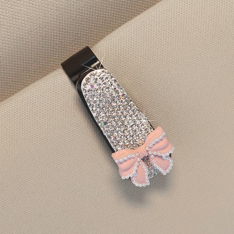 Cute Bow Sun Visor Mount Sunglasses Clip Holder Rhinestone Bracket Portable Sunglasses Car Crystal Clip Decoration Accessories