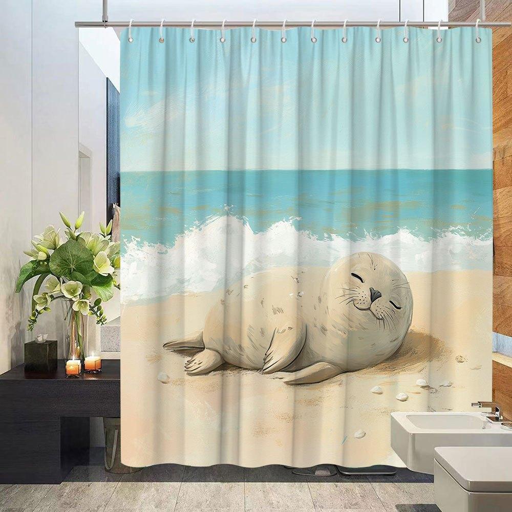 Beach Play Seal Shower Curtain - Animal Theme HD Pattern, Natural Ocean Atmosphere, Polyester Bathroom Decor,  12 Hooks