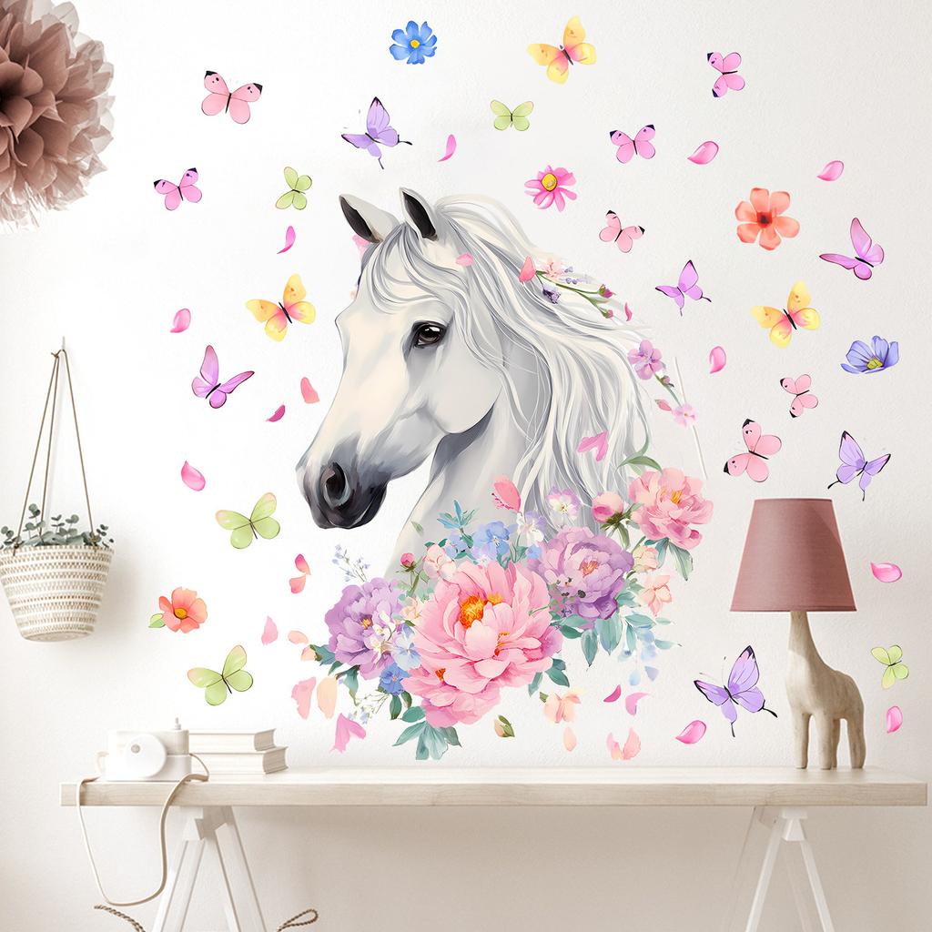 Self Adhesive Wall Stickers Horses Flowers Butterflies for Kids Room Living Room Background Wall Decoration