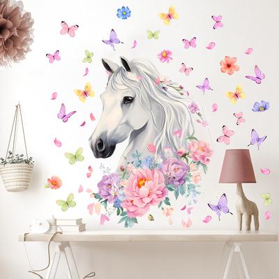 Autocollants Muraux Auto-adhésifs Chevaux Fleurs Papillons pour Chambre d'Enfant Salon Décoration Murale de Fond